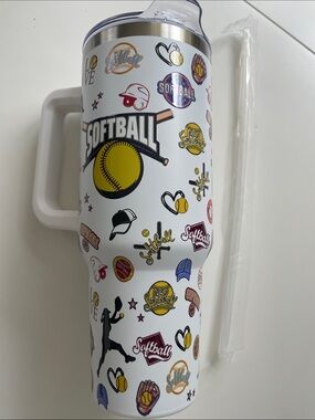 Softball Graphic Travel Tumbler - White & Yellow